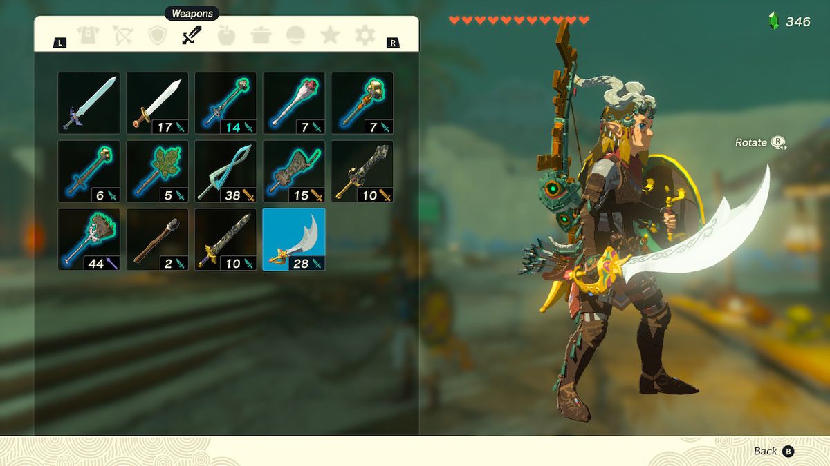 Uno screenshot dell'inventario delle armi in Zelda: Tears of the Kingdom, che mostra Link con la Scimitarra dei Sette