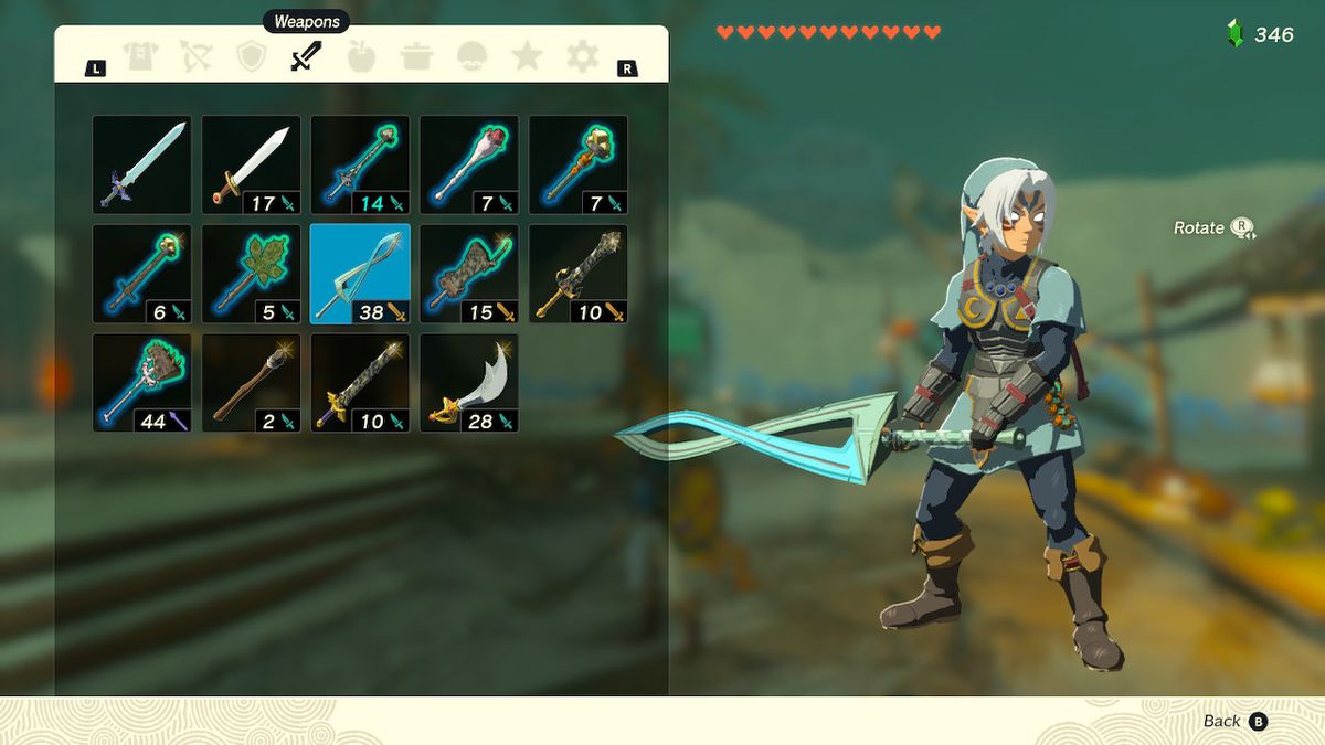 Uno screenshot dell'inventario delle armi in Zelda: Tears of the Kingdom, che mostra Link con la Fierce Deity Sword