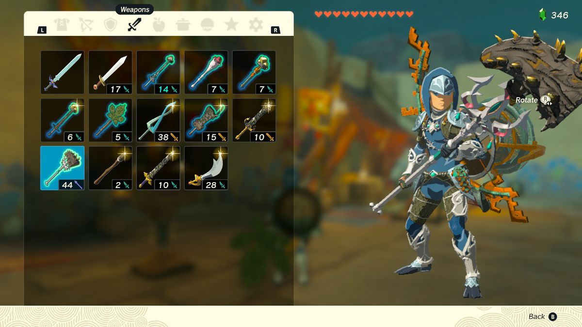Uno screenshot dell'inventario delle armi in Zelda: Tears of the Kingdom, che mostra Link con il Lightscale Trident