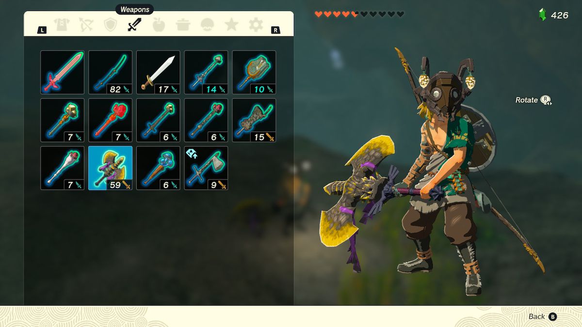 Uno screenshot dell'inventario delle armi in Zelda: Tears of the Kingdom, che mostra Link con il boss nero Bokoblin Two-Handed Axe