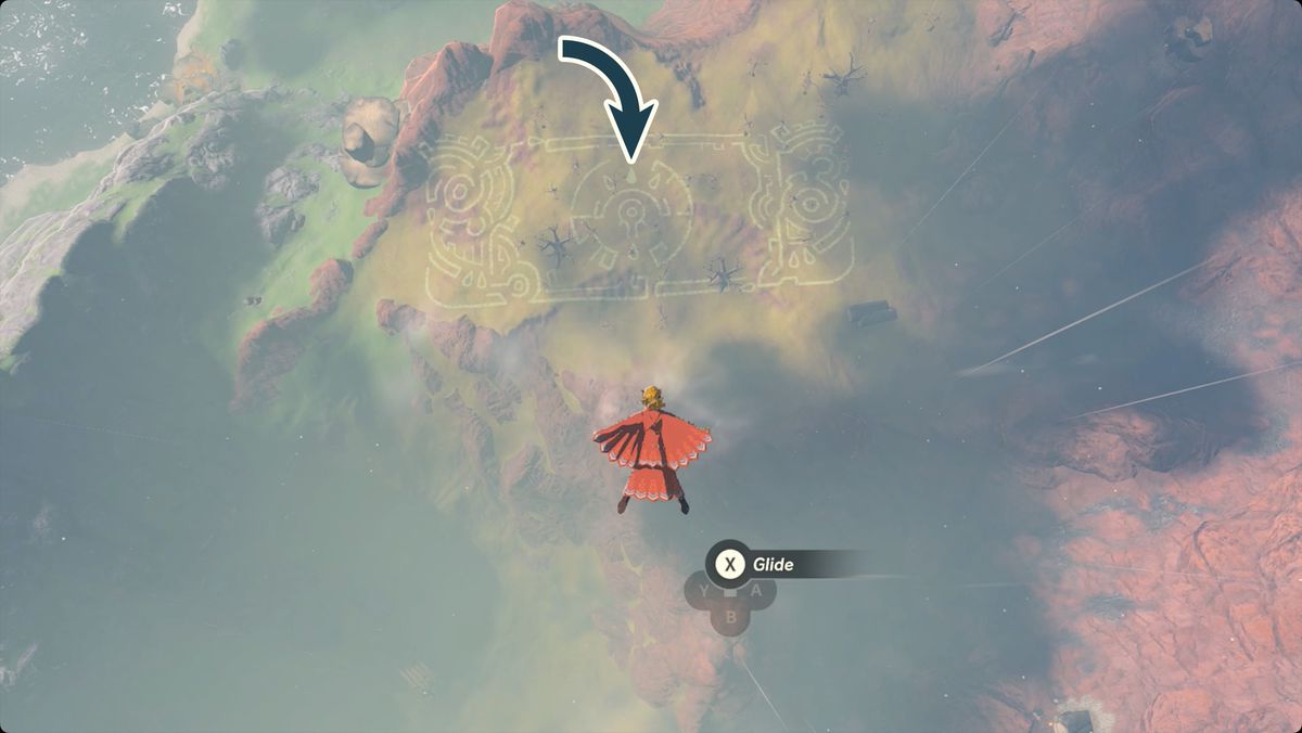 The Legend of Zelda: Tears of the Kingdom Link che vola vicino al geoglifo del Mineru's Counsel con la posizione di Tear of the Dragon contrassegnata.
