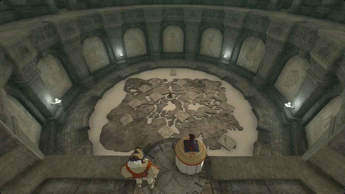The Legend of Zelda: Tears of the Kingdom Impa in piedi sopra la mappa del pavimento degli 11 geoglifi nel Tempio Dimenticato.