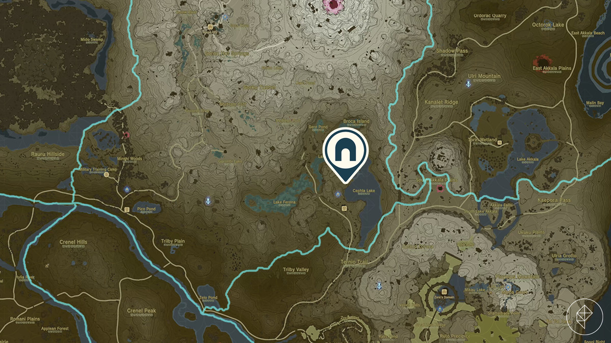 Mappa di The Legend of Zelda: Tears of the Kingdom che mostra la posizione della Grotta del Lago di Cephla.