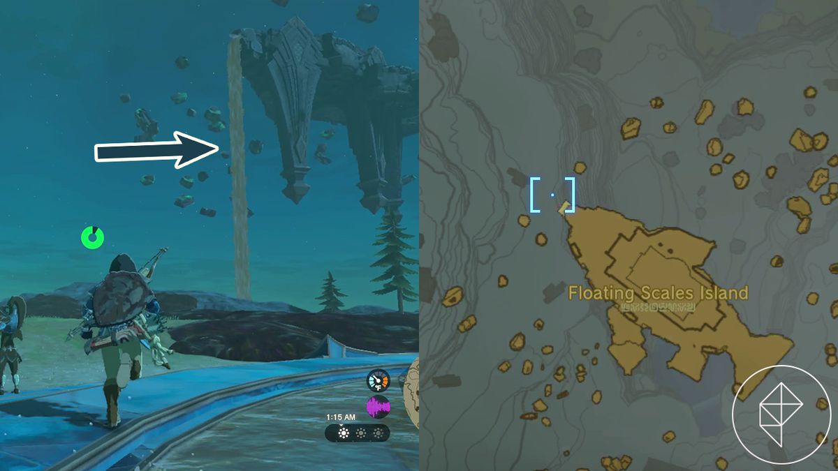 Immagine divisa di The Legend of Zelda: Tears of the Kingdom che mostra la posizione della cascata dell'isola di Floating Scales e una mappa che mostra la posizione della cascata.
