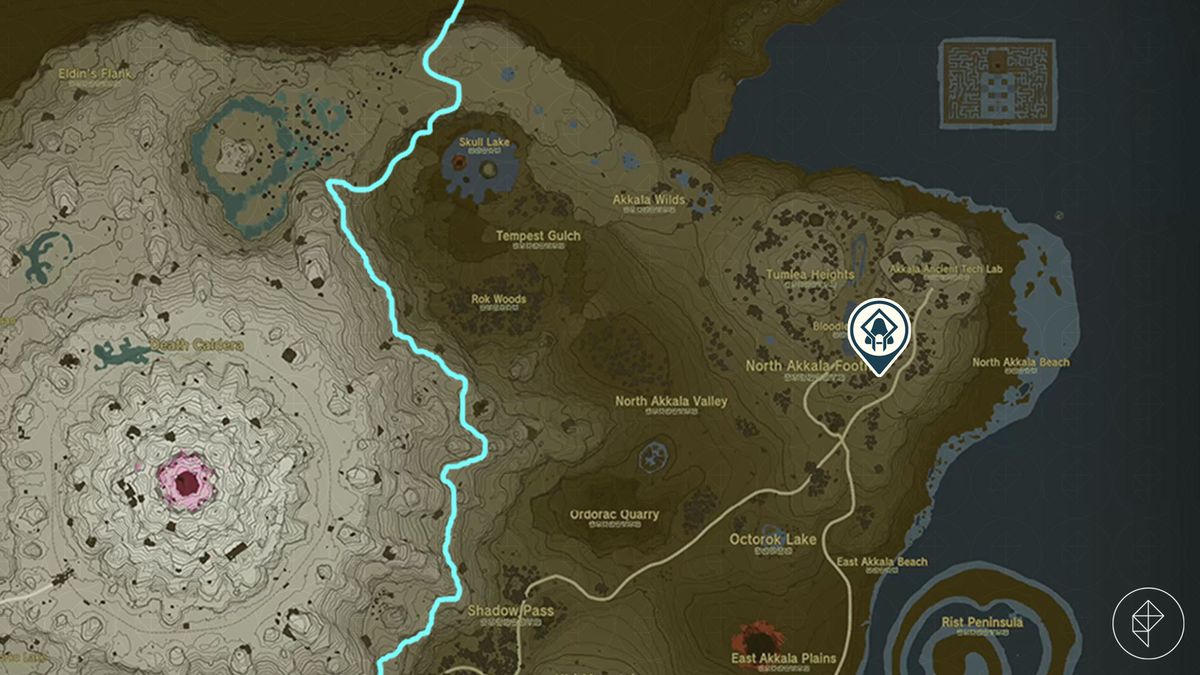 Una mappa che mostra il Santuario Jochi-iu a Zelda;  Lacrime del Regno.  Si trova a Deep Akkala, vicino al Lago Lacrimasangue