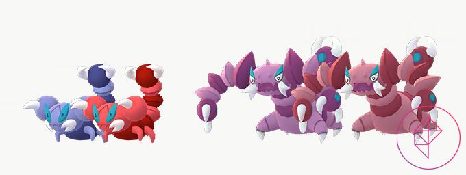 Skorupi e Drapion con le loro forme luccicanti in Pokémon Go.  Shiny Skorupi è rosso e Shiny Drapion è più di un bordeaux. 