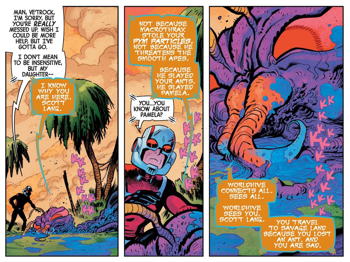 L'enorme insetto, Ve'trock dice ad Ant-Man che può vedere la sua dignità da come ha reagito alla morte di Pamela la formica, in Ant-Man # 5, Marvel Comics (2020). 
