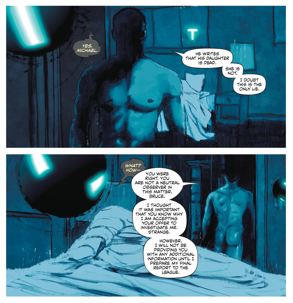 Nudo, il signor Terrific si alza dal letto nel buio della notte e cammina in un'altra stanza.  Oltre alle comunicazioni, dice a Batman che ci sono buchi nella storia di Adam Strange e sta accettando la richiesta di Batman di indagare su Strange Adventures # 2, DC Comics (2020). 