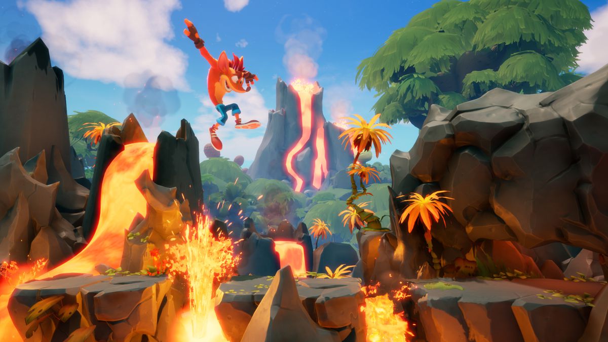 Crash salta sopra la lava in un livello a scorrimento laterale da Crash Bandicoot 4: It's About Time 