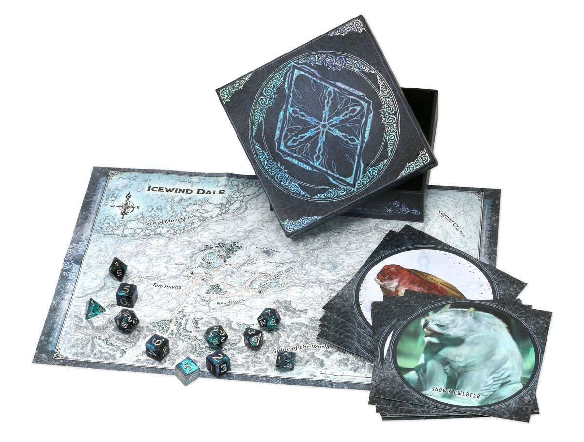 Un set di dadi personalizzato con una mappa di Icewind Dale e diverse dispense con una storia mostruosa.