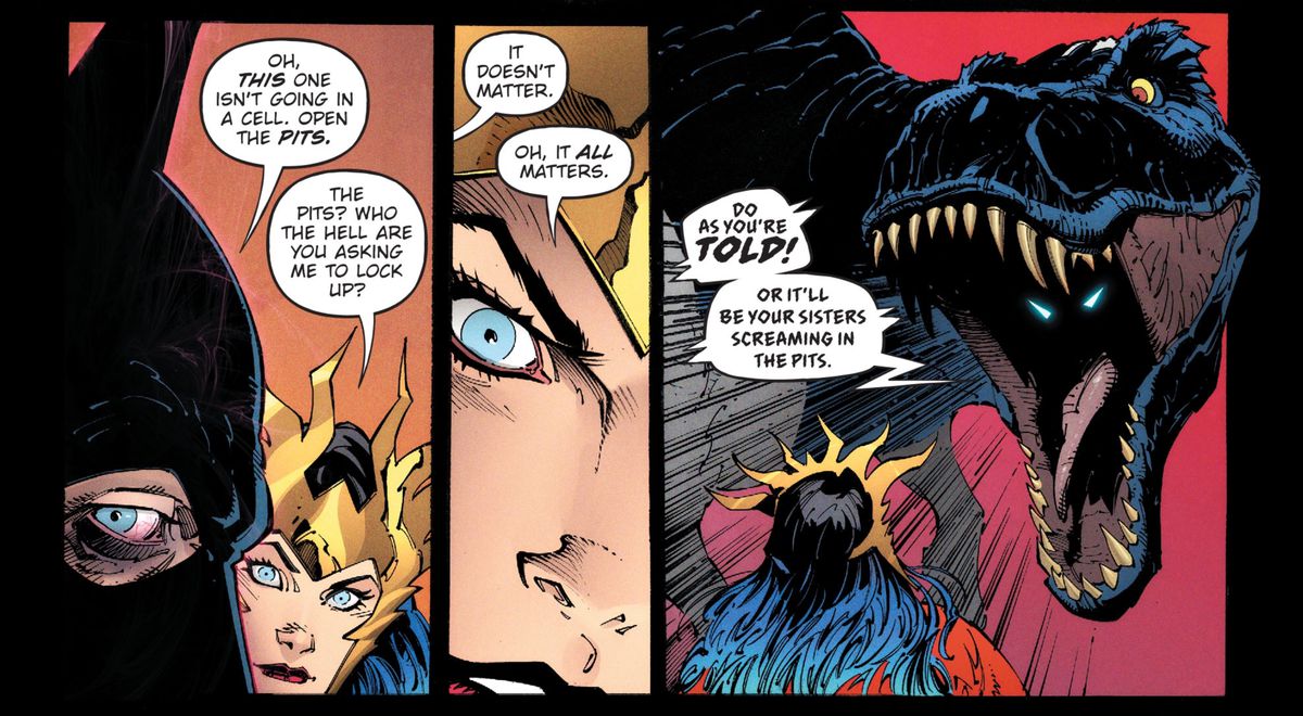 B. Rex, un Batman che ha caricato la sua coscienza su un robot rex, ruggisce a Wonder Woman per fare come le viene detto.  Nelle profondità oscure della sua bocca, ci sono due occhi di Batman a triangolo bianco, in Dark Nights: Death Metal # 1, DC Comics (2020). 