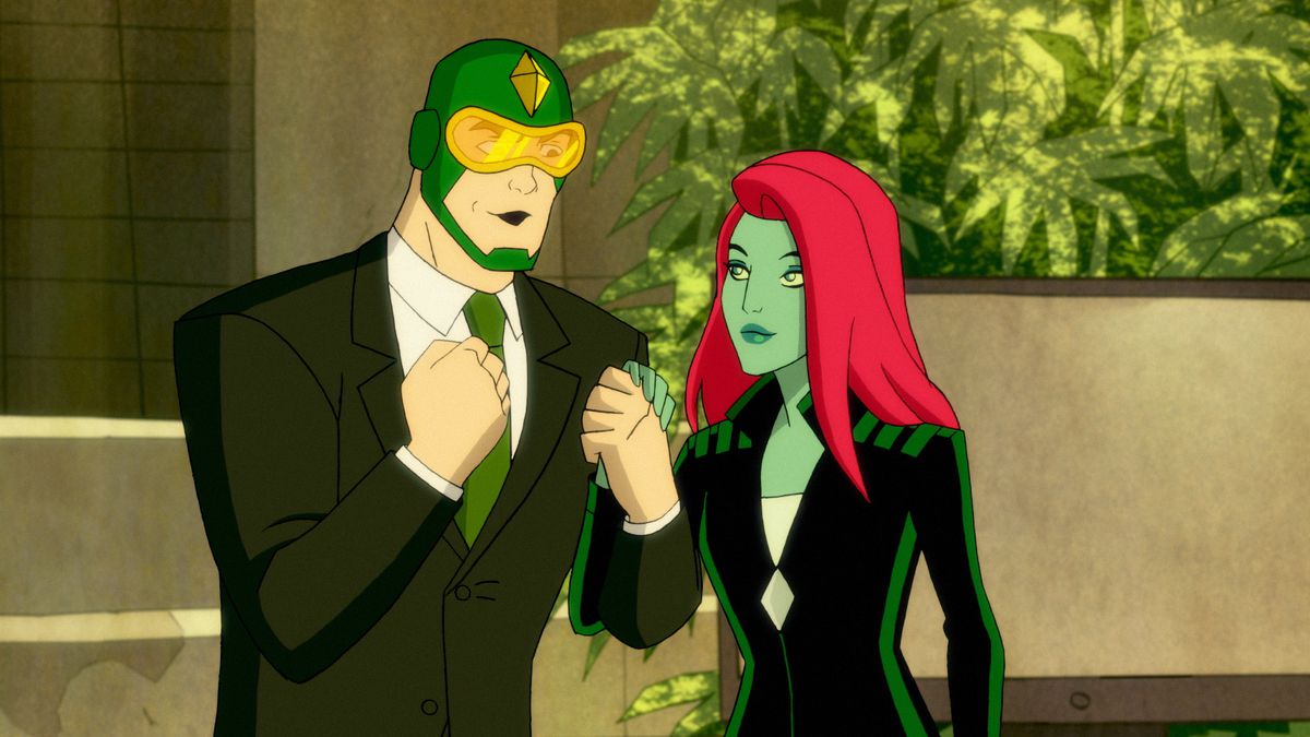 Kite-Man stringe eccitato le mani con Poison Ivy. Indossa un completo. (Harley Quinn Stagione 2)