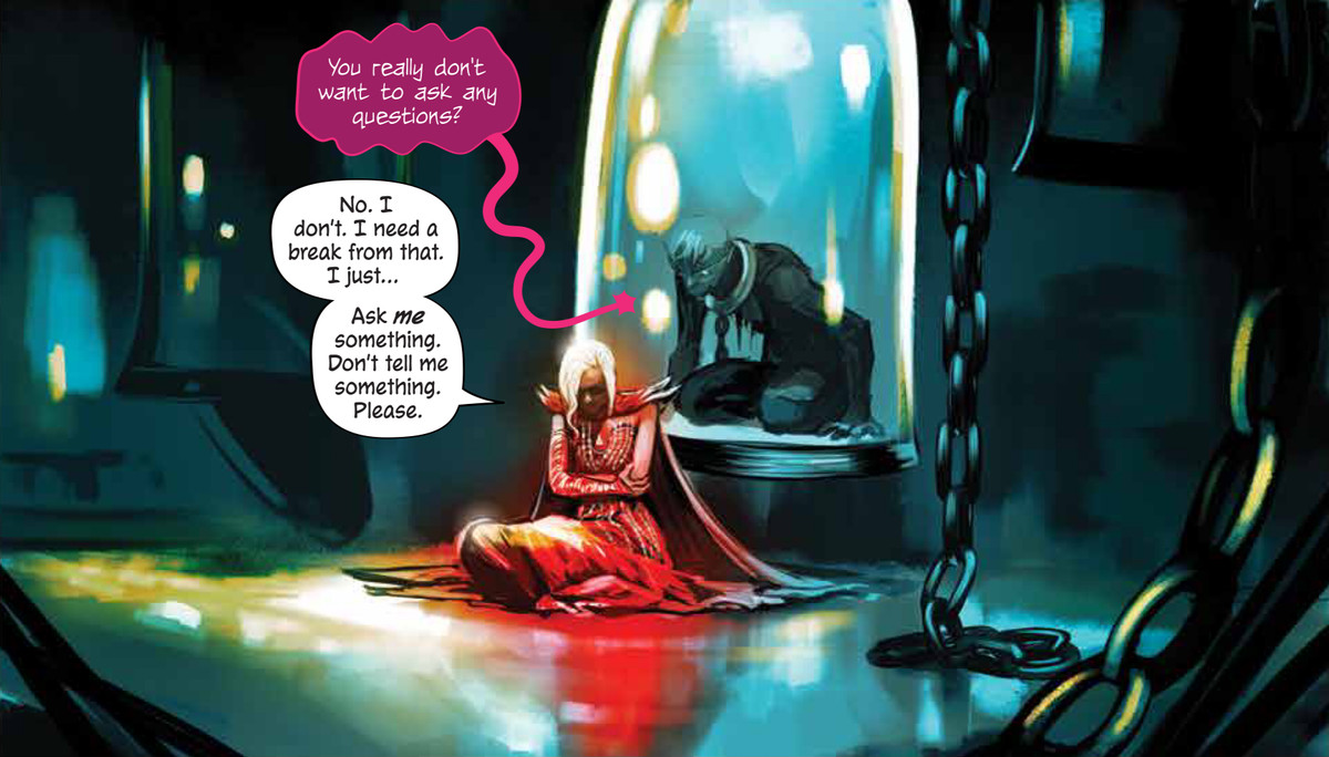 Lottando con la tensione della leadership e delle sue decisioni, Ash (con il vestito rosso) cerca conforto dal non morto Sol, in Die # 11, Image Comics (2020). 