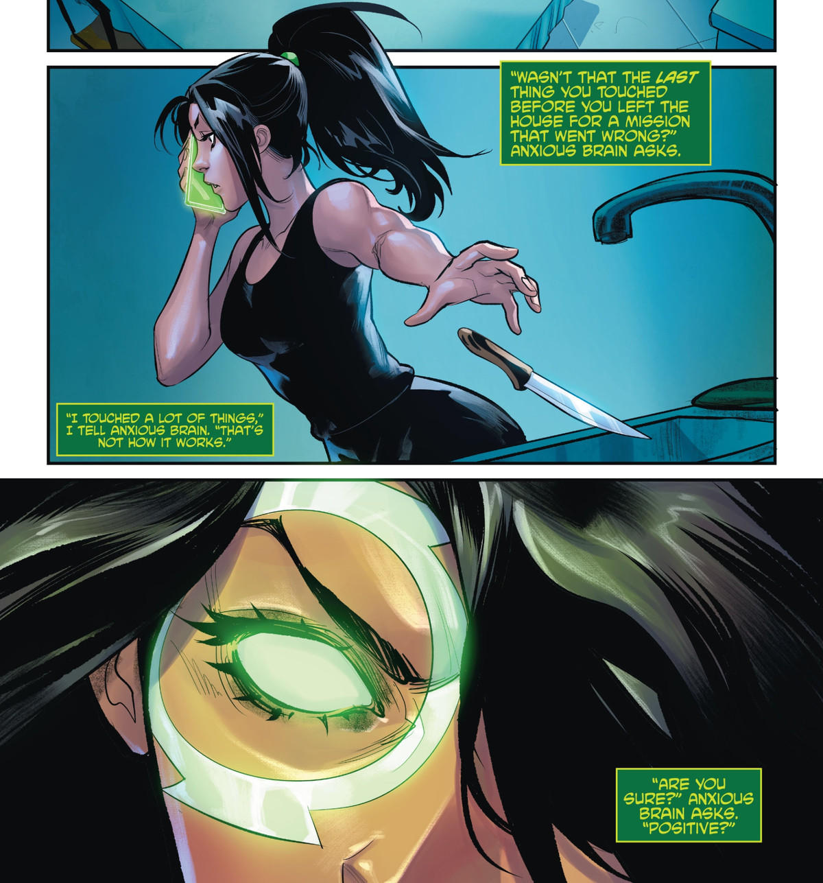 Lanterna Verde Jessica Cruz si mette all'opera nella sua cucina, lanciando un coltello nel lavandino. Nel frattempo, la sua ansia le dice che la missione è fallita perché quel coltello da cucina è stata l'ultima cosa che ha toccato prima di andarsene, in Green Lantern 80th Anniversary 100-Page Super Spectacular, DC Comics (2020). 