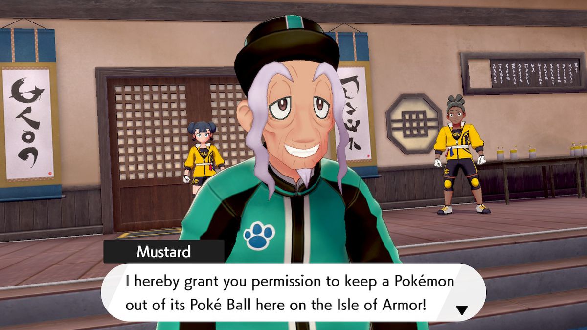 Mustard, il maestro del dojo, garantisce a un giocatore la possibilità di camminare con un Pokémon