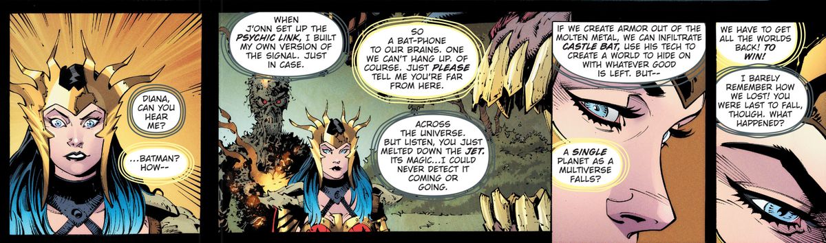 Wonder Woman riceve la sua prima comunicazione da Batman su un collegamento psichico da quando la Justice League ha attraversato il portale, in Dark Nights: Death Metal # 1, DC Comics (2020). 