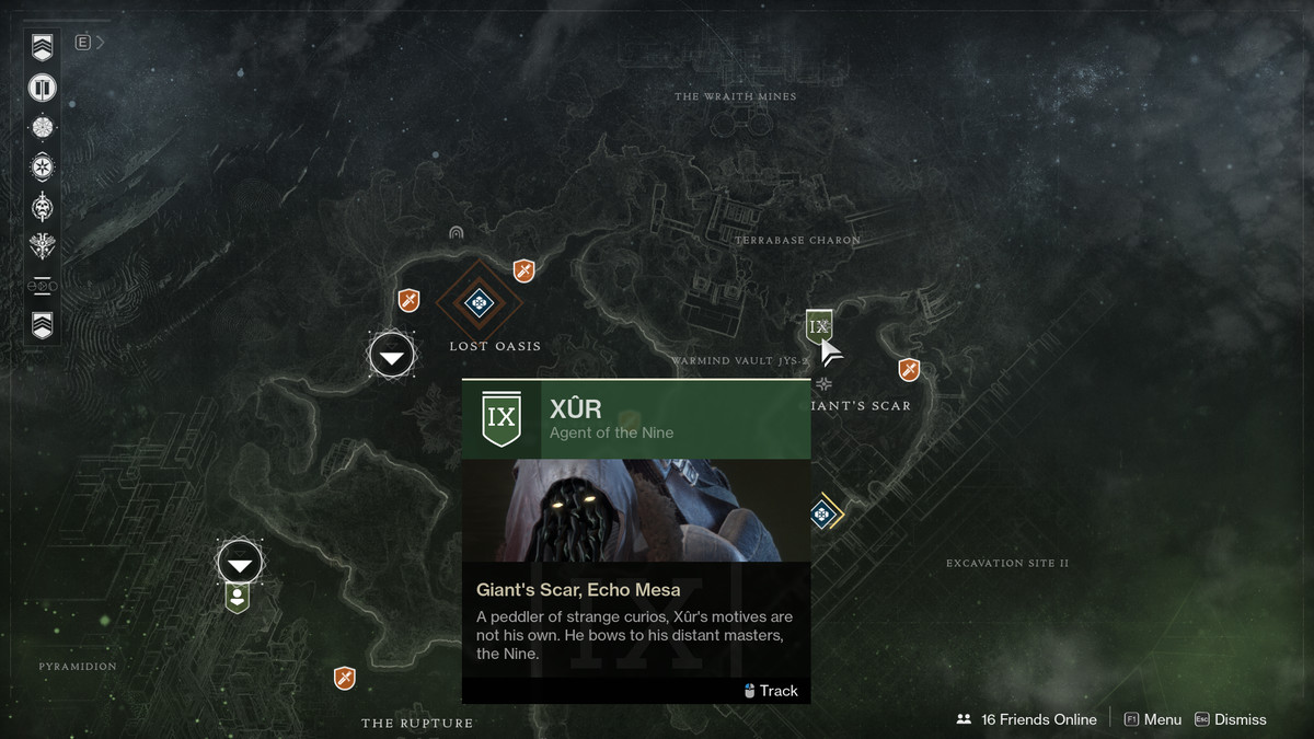 uno screenshot della mappa di Destiny 2 che mostra Xur appeso a nord di Giant's Scar su Io
