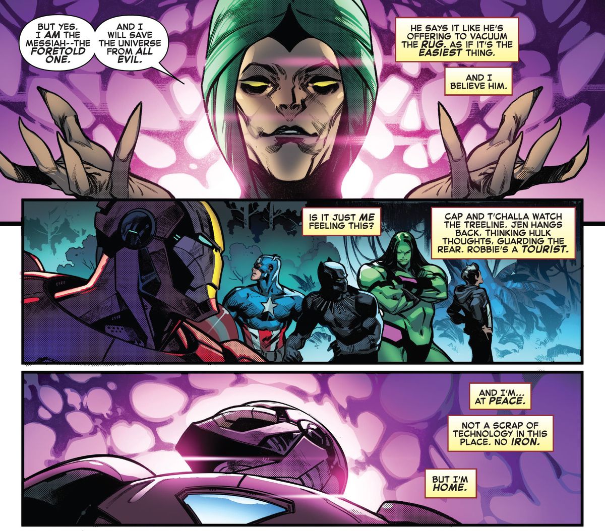 Il messia celeste Sequoia parla ai Vendicatori nella zona blu della luna e Iron Man lo trova stranamente rilassante, in Avengers Empyre # 0, Marvel Comics (2020). 