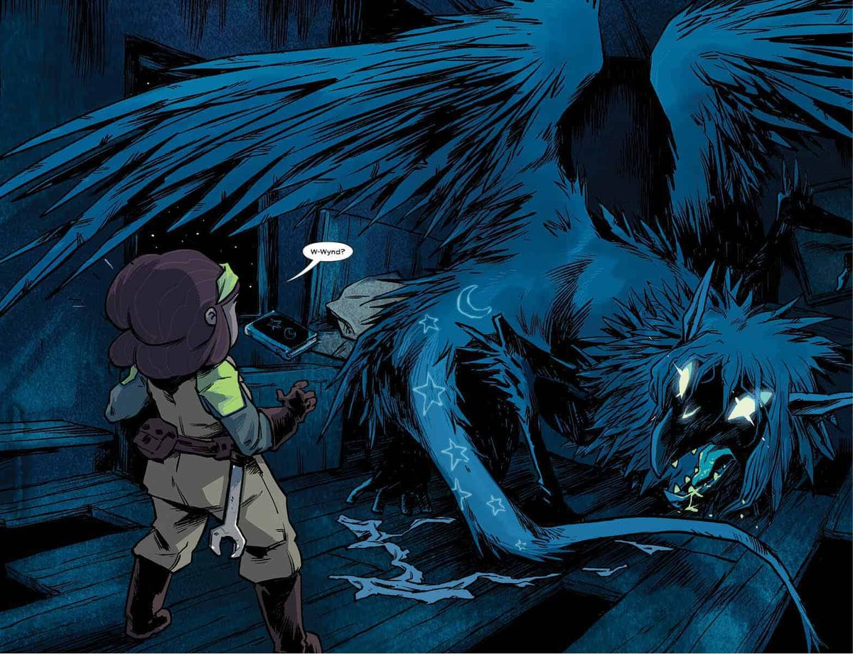 Wynd sogna di essersi trasformato in un mostro alato spaventoso, minacciando il suo amico Oakley, in Wynd # 1, Boom Studios (2020). 