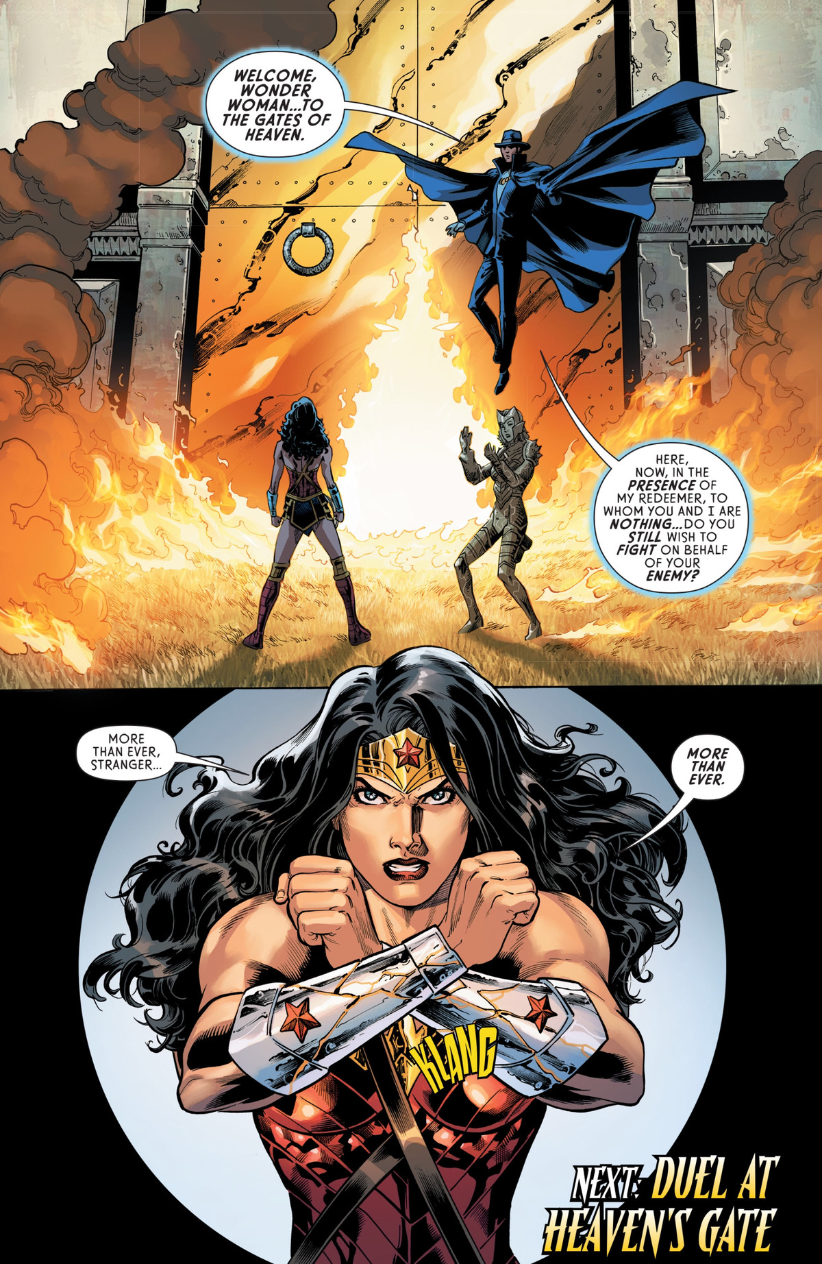 La Phantom Stranger dà il benvenuto a Wonder Woman alle porte del Paradiso e chiede se continuerà a combattere per conto del suo nemico.  Incrociando i suoi bracciali, Wonder Woman afferma le sue intenzioni, in Wonder Woman # 757, DC Comics (2020). 