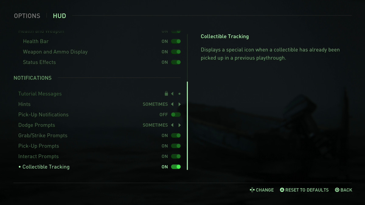 Un altro menu di difficoltà nella parte 2 di Last of Us, che mostra che puoi visualizzare se hai raccolto un oggetto in un playthrough precedente