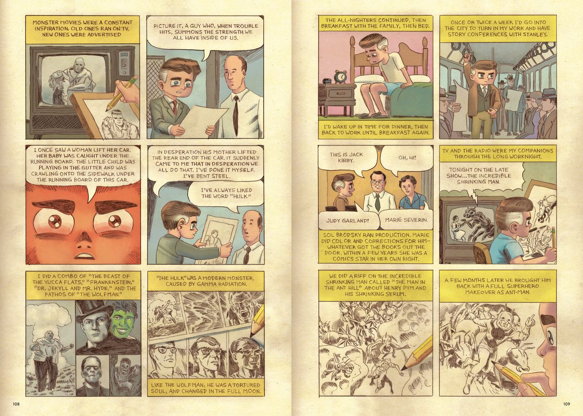 Jack Kirby racconta il suo ruolo nella creazione di Hulk e Ant-Man, così come il suo estenuante programma di lavoro, in Jack Kirby: The Epic Life of the King of Comics, Penguin Random House (2020). 