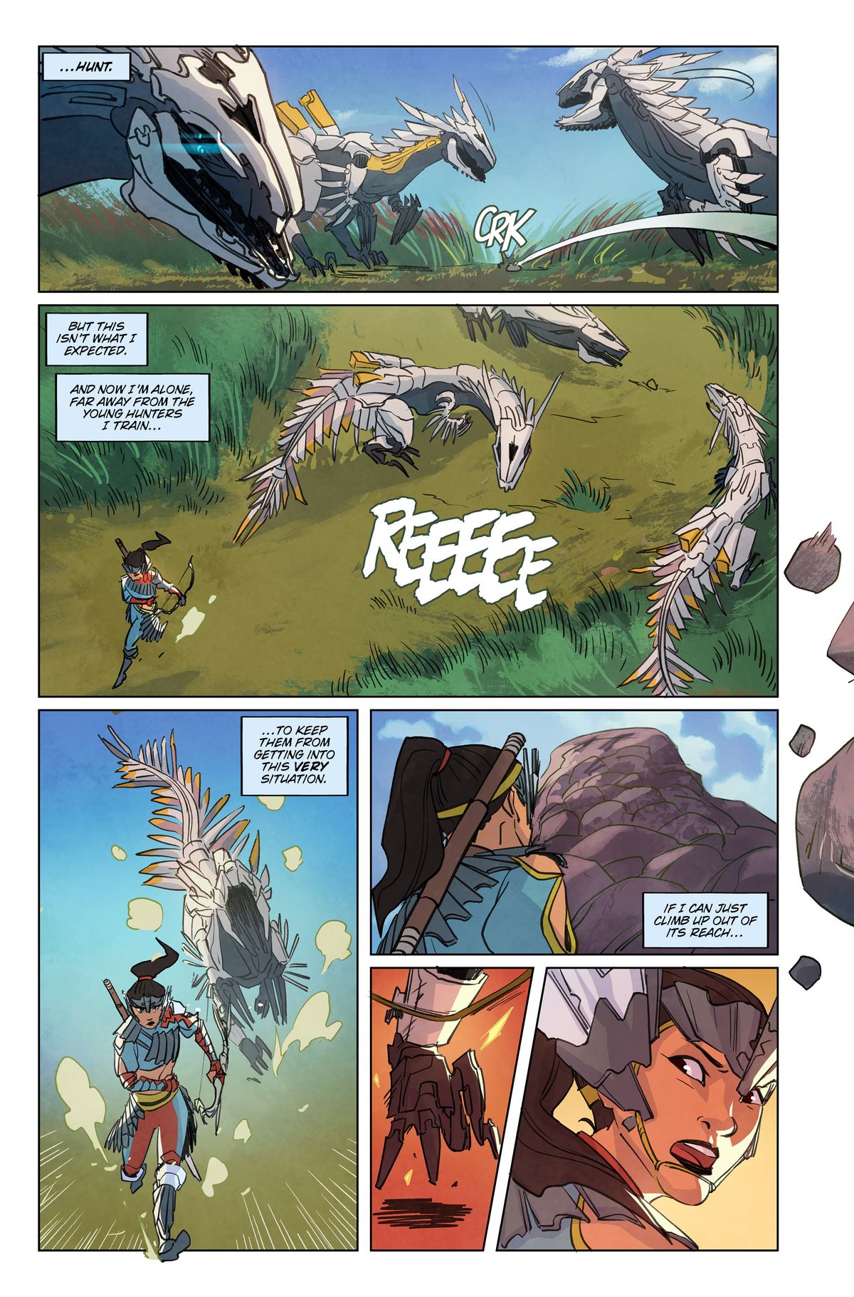 Animali meccanici simili a draghi che combattono in Horizon Zero Dawn # 1, Titan Comics (2020)