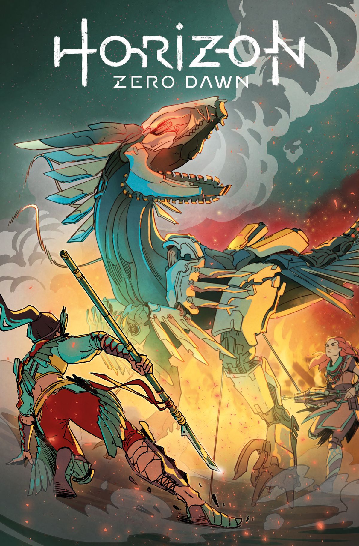Cover D per Horizon Zero Dawn # 1, Titan Comics (2020), con una bestia da dinosauro meccanica e Talanah