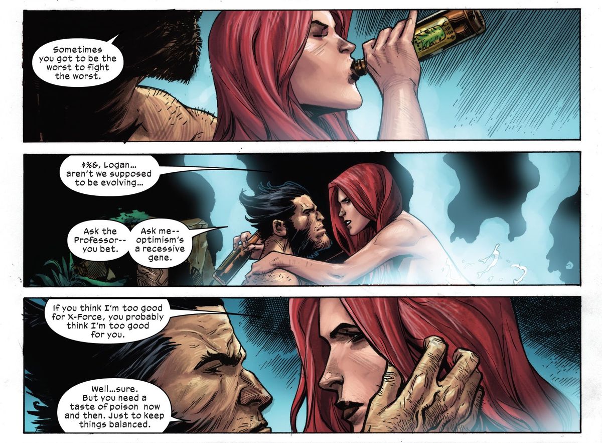 Wolverine e Jean Grey si godono un po 'di intimità nella vasca idromassaggio nuda e una birra in X-Force # 10, Marvel Comics (2020). 