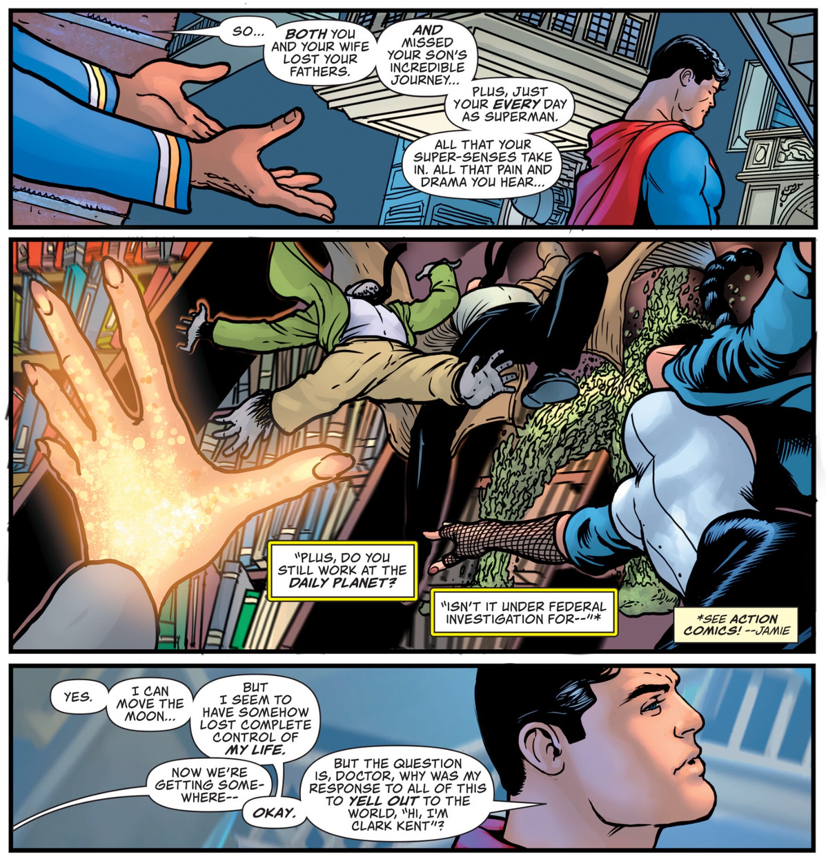 Il dottor Fate ricorda a Superman che ha passato molte cose molto pesanti di recente, e potrebbe voler rallentare e cose al riguardo, in Superman # 23, DC Comics (2020). 