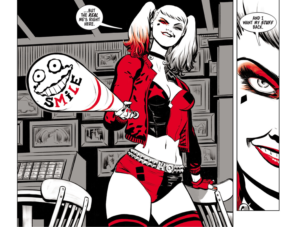 Harley Quinn punta una mazza contro i suoi nemici e sorride. 