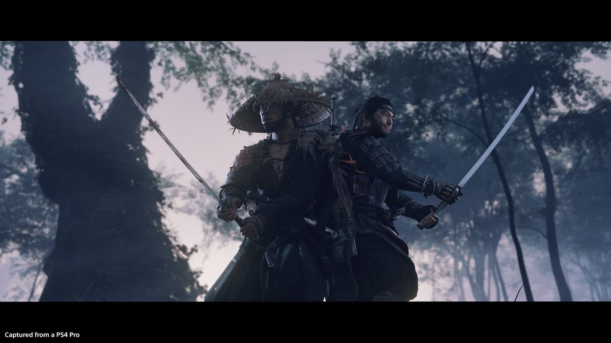 Due personaggi combattono insieme con le spade, schiena contro schiena, in una foresta in Ghost of Tsushima