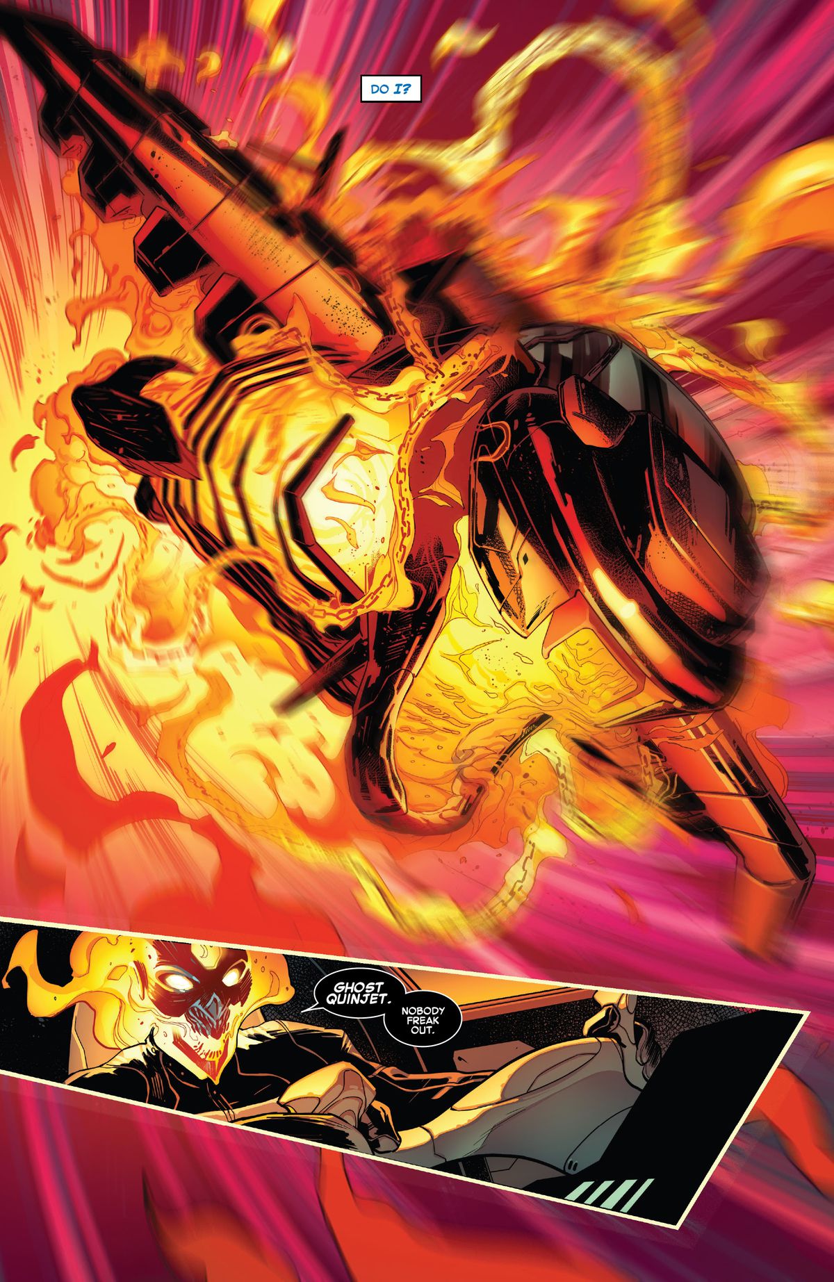 Un quinjet dei Vendicatori esplode in una fiamma demoniaca mentre Ghost Rider prende il timone. 