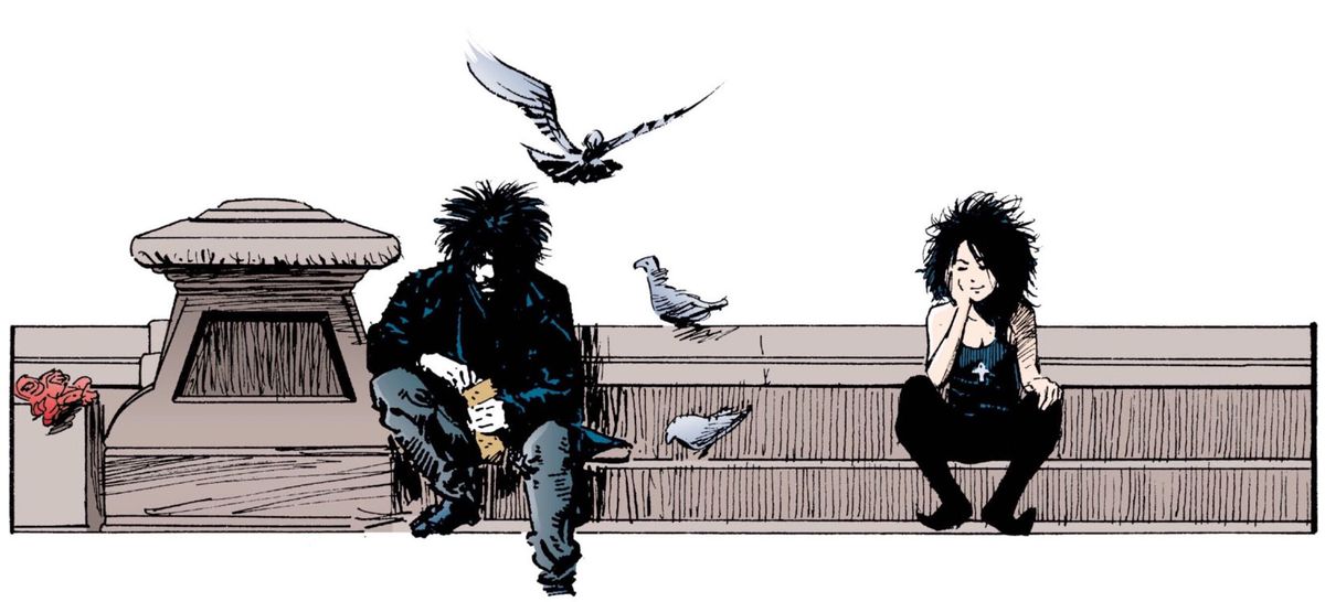 Sogno e morte di Sandman siedono insieme su una fontana, con i piccioni.
