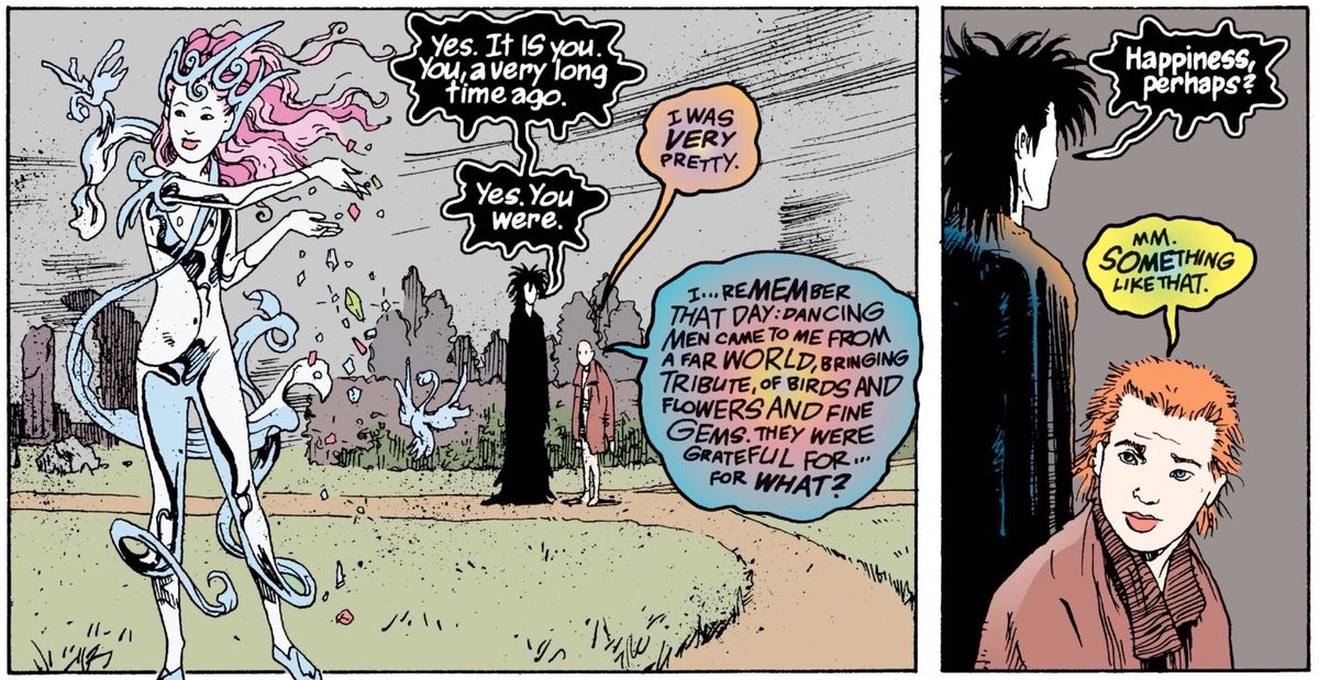 Delirium e Dream che parlano nell'arco di Brief Lives di Sandman.
