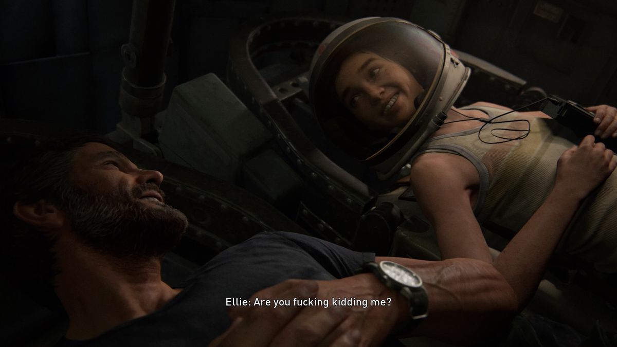 Ellie e Joel siedono in una navetta spaziale in The Last of Us Part 2.