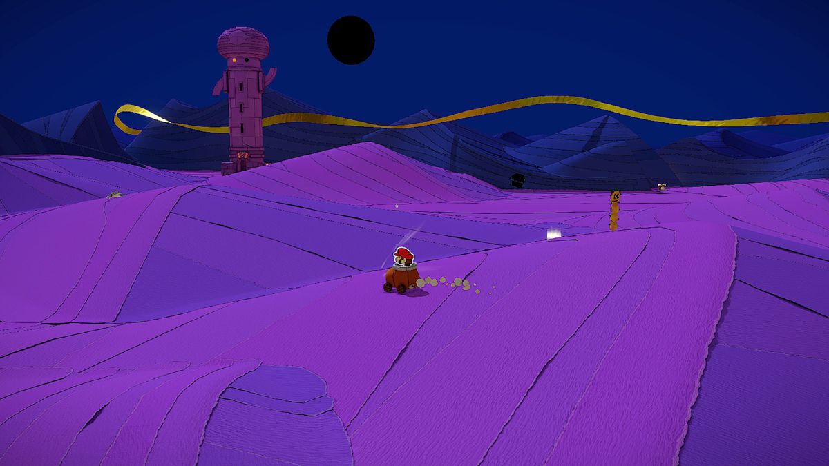 Paper Mario guida attraverso un deserto viola con una torre Toad sullo sfondo in uno screenshot di Paper Mario: The Origami King
