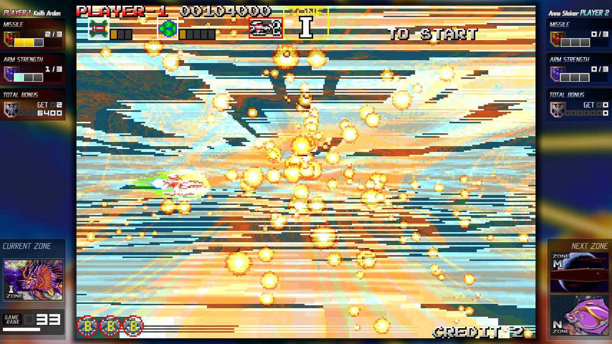 Un'astronave è immersa in fioriture di caos cosmico nella collezione Darius Cozmic su Nintendo Switch.