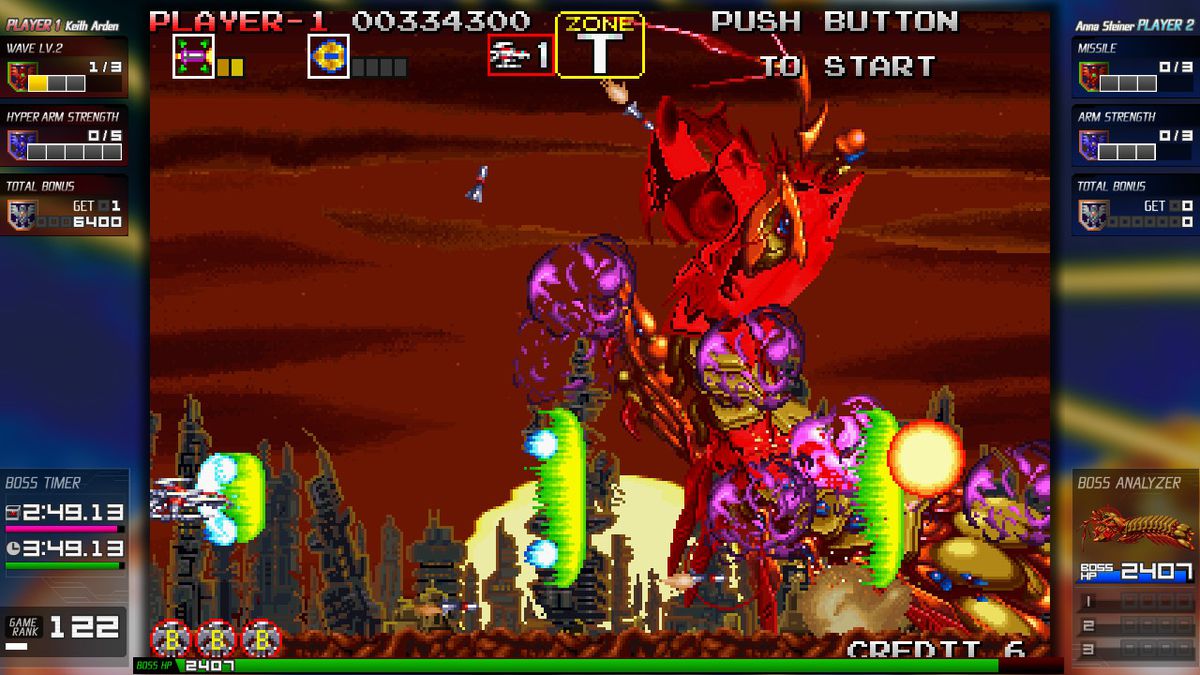 Un'astronave attacca un gigantesco crostaceo alieno al tramonto nella Collezione Darius Cozmic su Nintendo Switch.