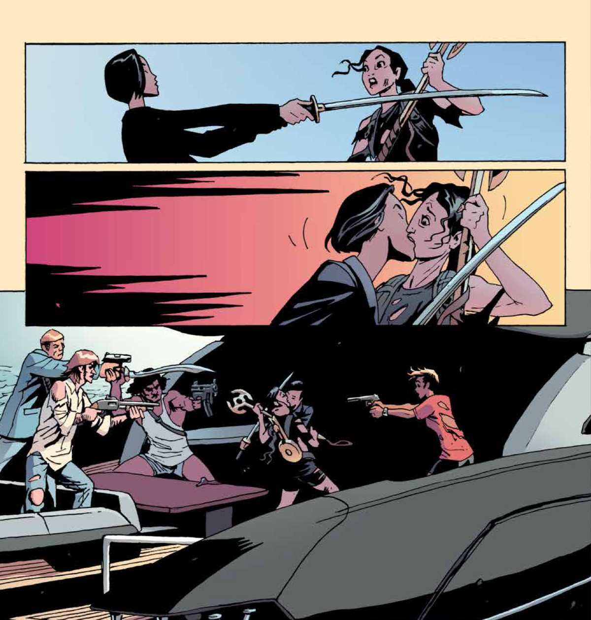 Andy devia la katana di Noriko solo per essere catturata dal suo bacio mentre il resto della Vecchia Guardia guarda scioccato in The Old Guard: Force Multiplied # 5, Image Comics (2020). 
