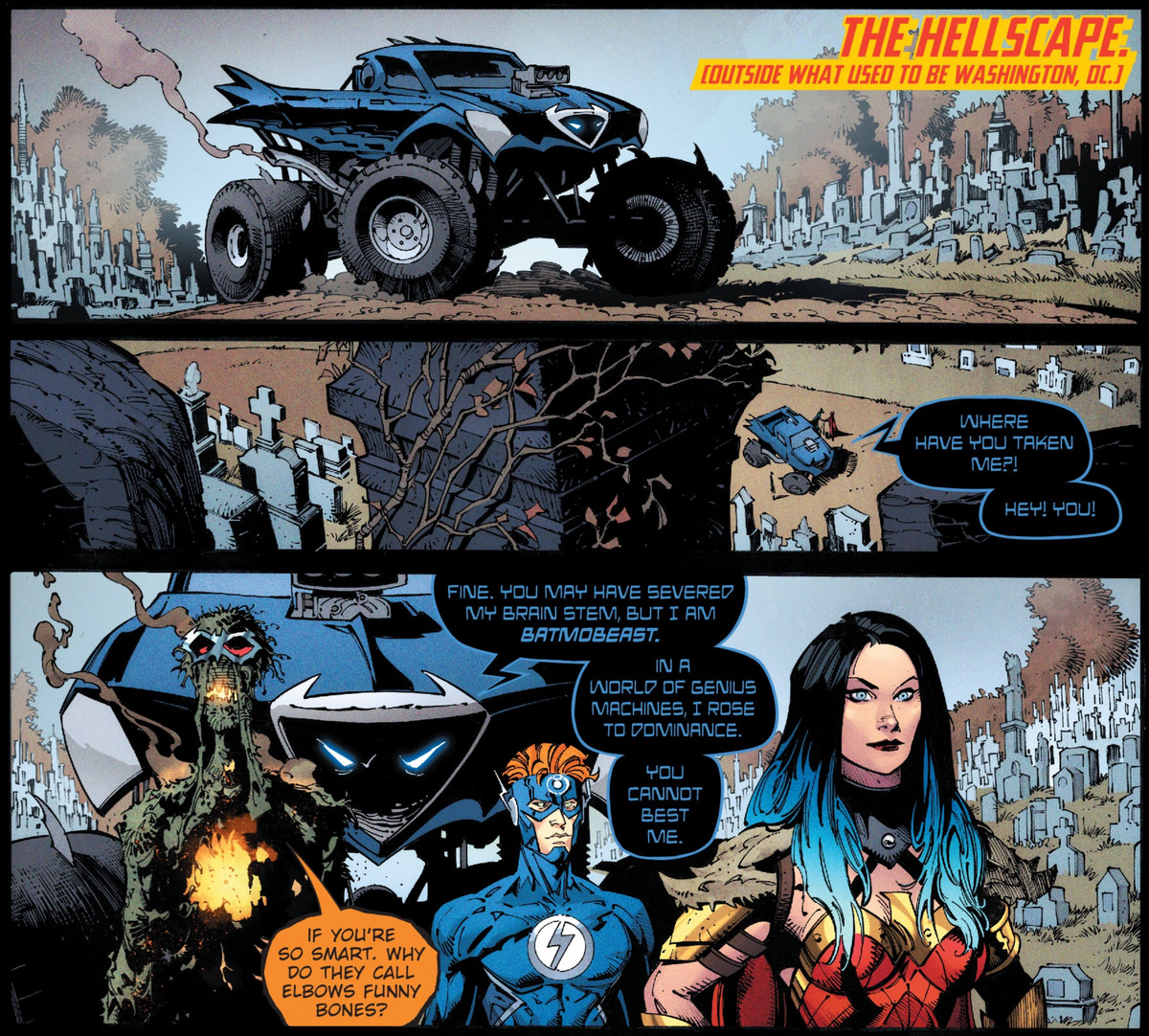 Il Batmobeast, un monster truck senziente che è anche Batman, spiega il suo stupido retroscena mentre altri personaggi lo ignorano, in Dark Nights: Death Metal # 2, DC Comics (2020). 