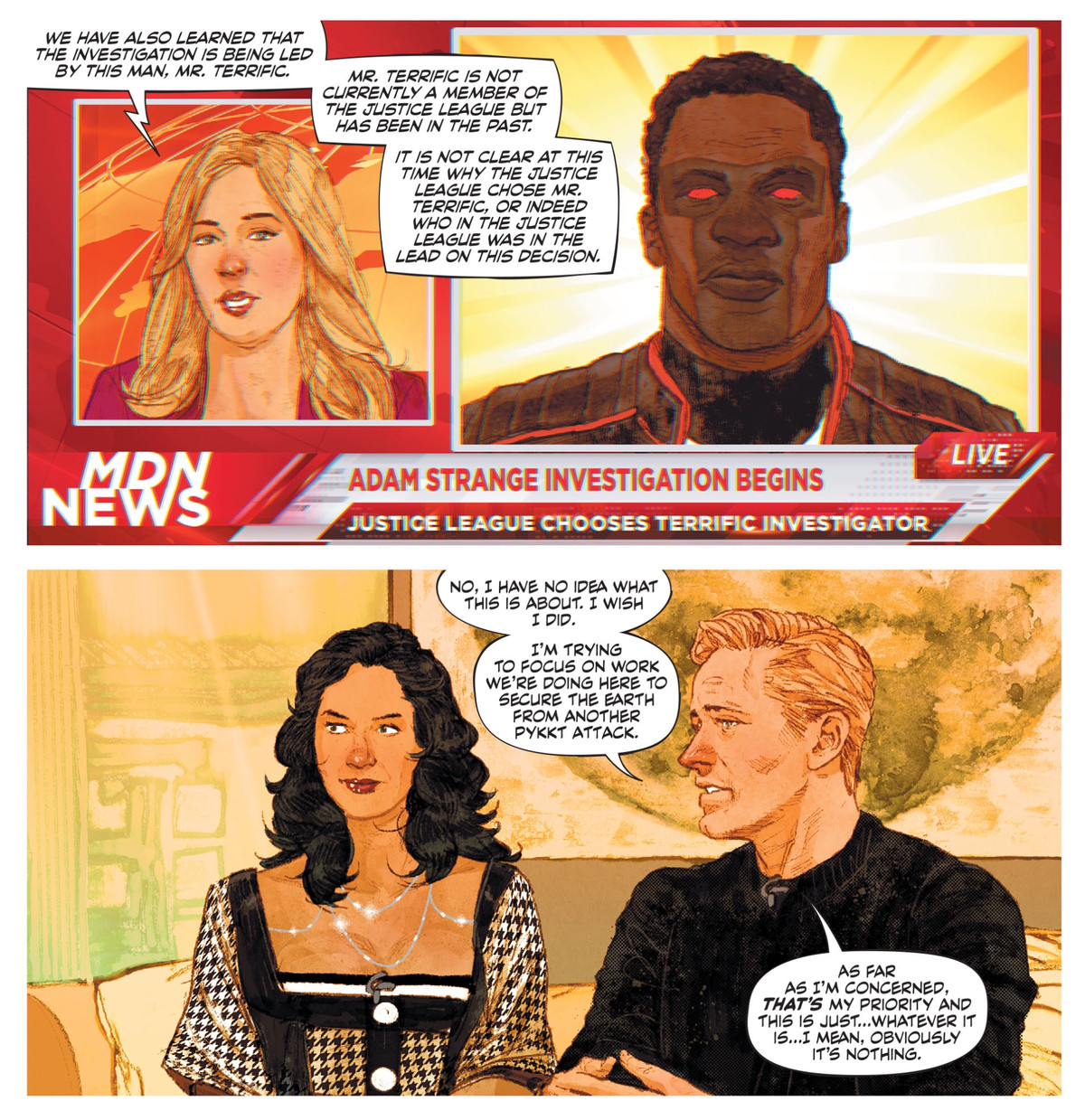 Alanna e Adam Strange in un talk show nazionale affermano di non avere idea del motivo per cui l'inchiesta che Adam ha effettivamente richiesto stia accadendo, in Strange Adventures # 3, DC Comics (2020). 