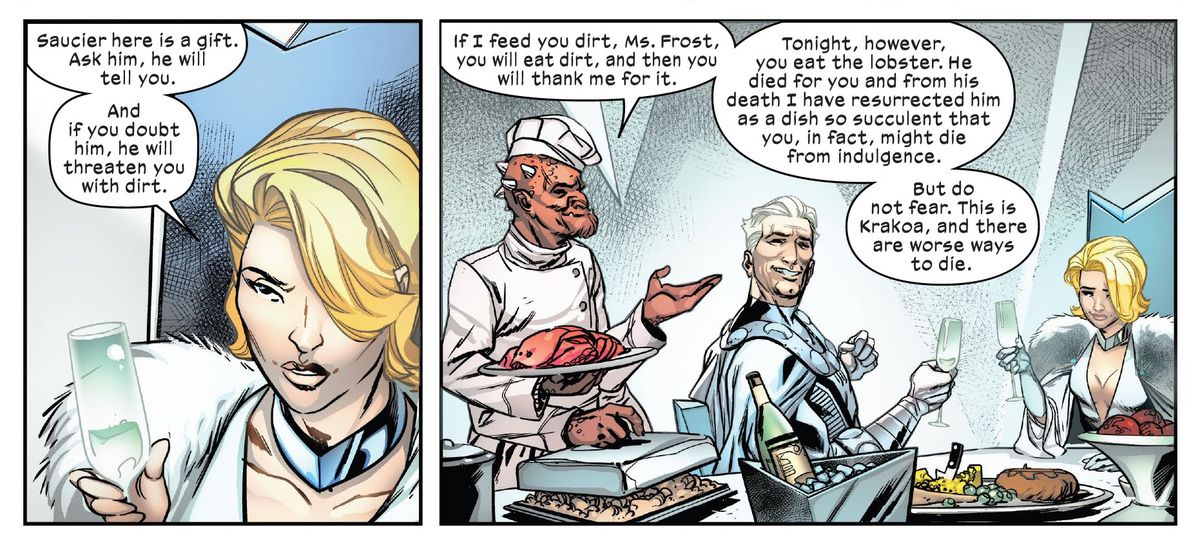 Emma Frost presenta Magneto al suo nuovo chef mutante, che ha preparato l'aragosta per il loro pasto, in Giant-Size X-Men: Magneto, Marvel Comics (2020). 