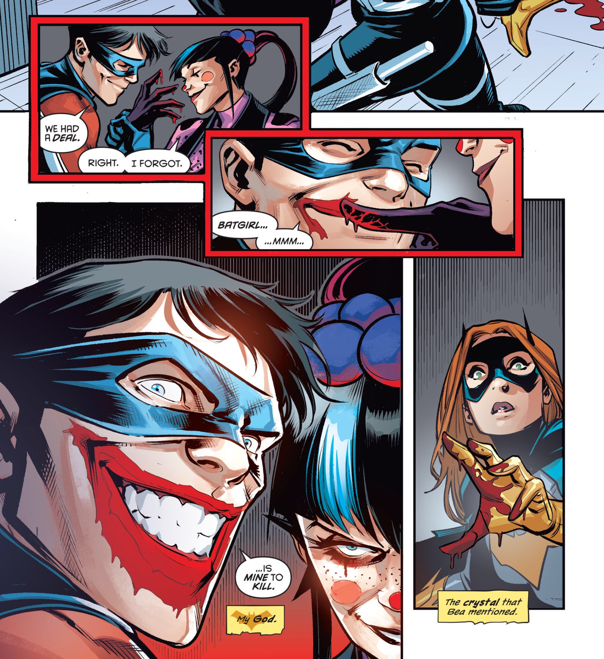 Punchline usa il sangue di Batgirl per dipingere un sorriso di Joker sul volto di Nightwing. 