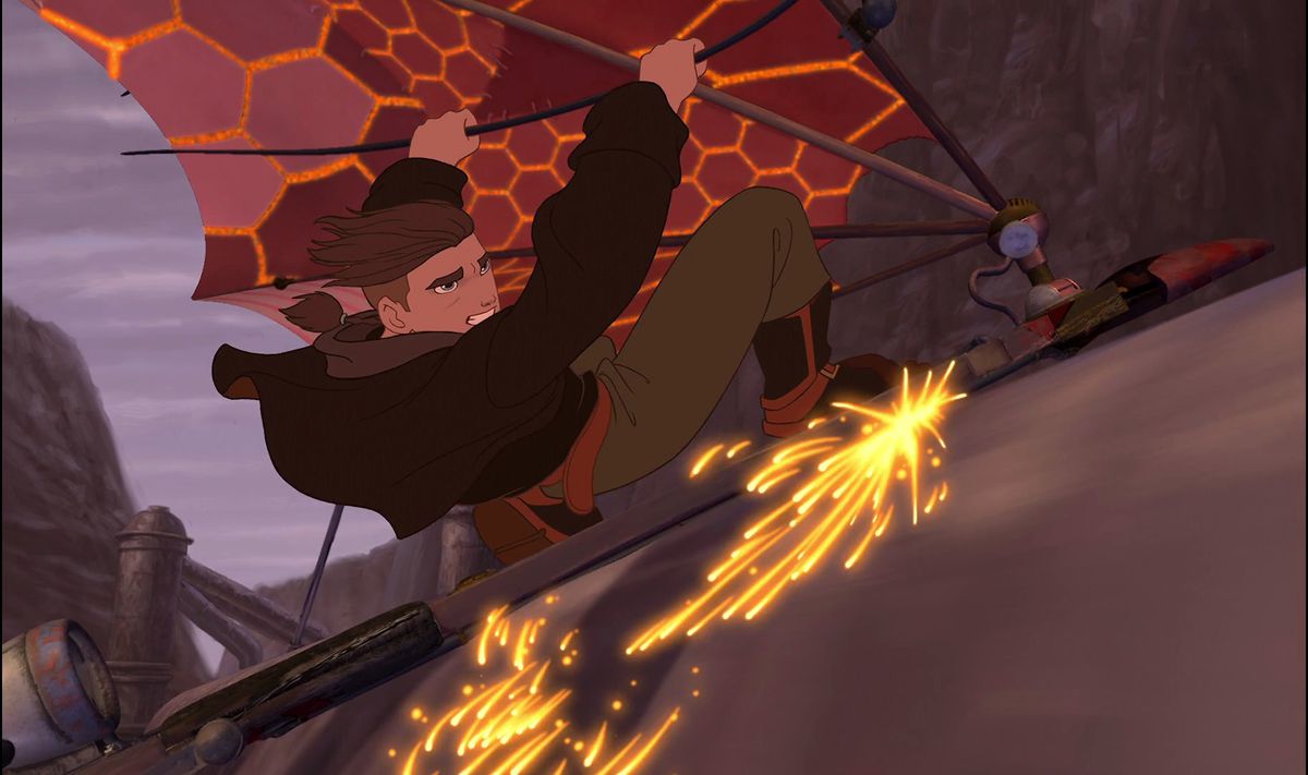 Il protagonista Jim Hawkins si appende alla vela rosso vivo sul suo surfista solare, con i denti stretti e le scintille che volano sotto i suoi piedi, nell'avventura animata Disney Treasure Planet