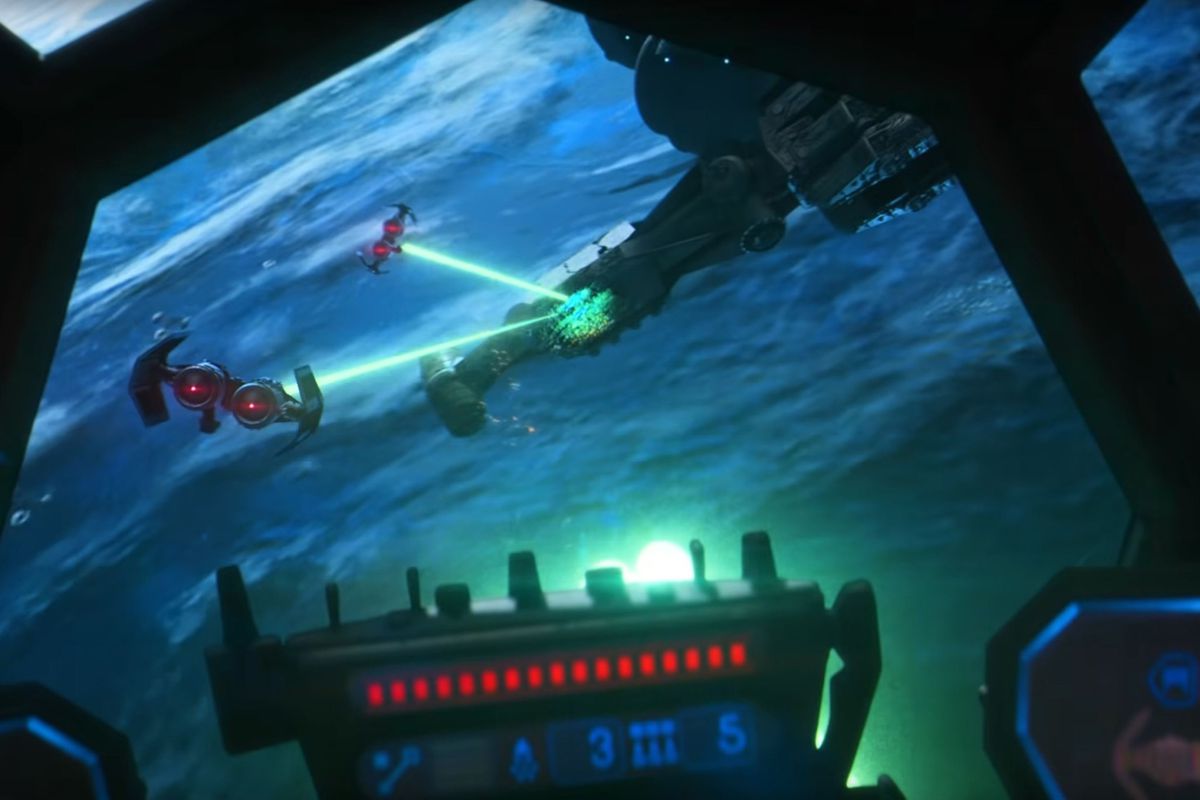 Un'ala di TIE Bombers lascia andare con una raffica di laser a raggio continuo in Star Wars: Squadrons.