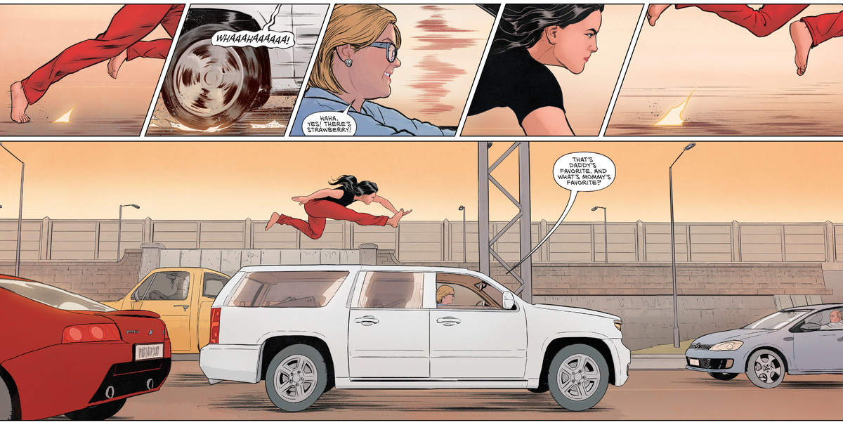 Correndo a piedi nudi, Wonder Woman raggiunge un SUV in velocità guidato da una donna controllata dalla mente e salta sul tetto in Wonder Woman # 759, DC Comics (2020). 