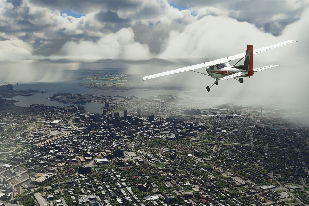 un aereo che sorvola Baltimora verso la baia di Chesapeake in Microsoft Flight Simulator