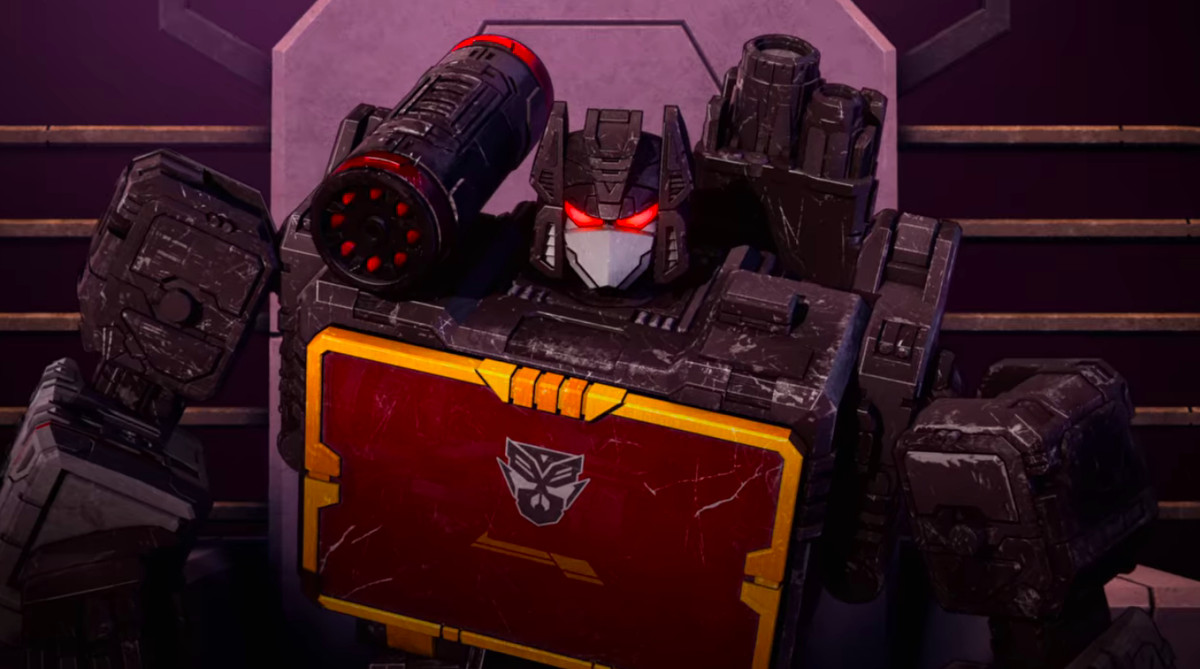 Soundblaster con sigillo Mercenaries sul petto in Transformers: War for Cybertron