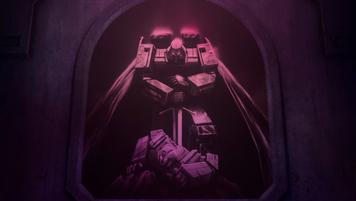 Megatron uccide un Autobot con un murale con spada nel quartier generale di Decepticon in Transformers: War for Cybertron